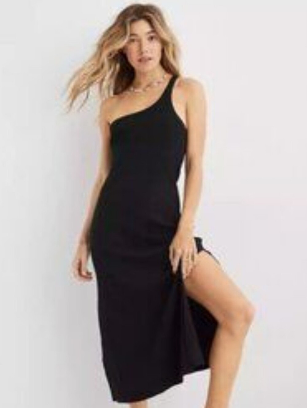 aerie Black One-Shoulder Ribbed Midi Dress with Side Slit
